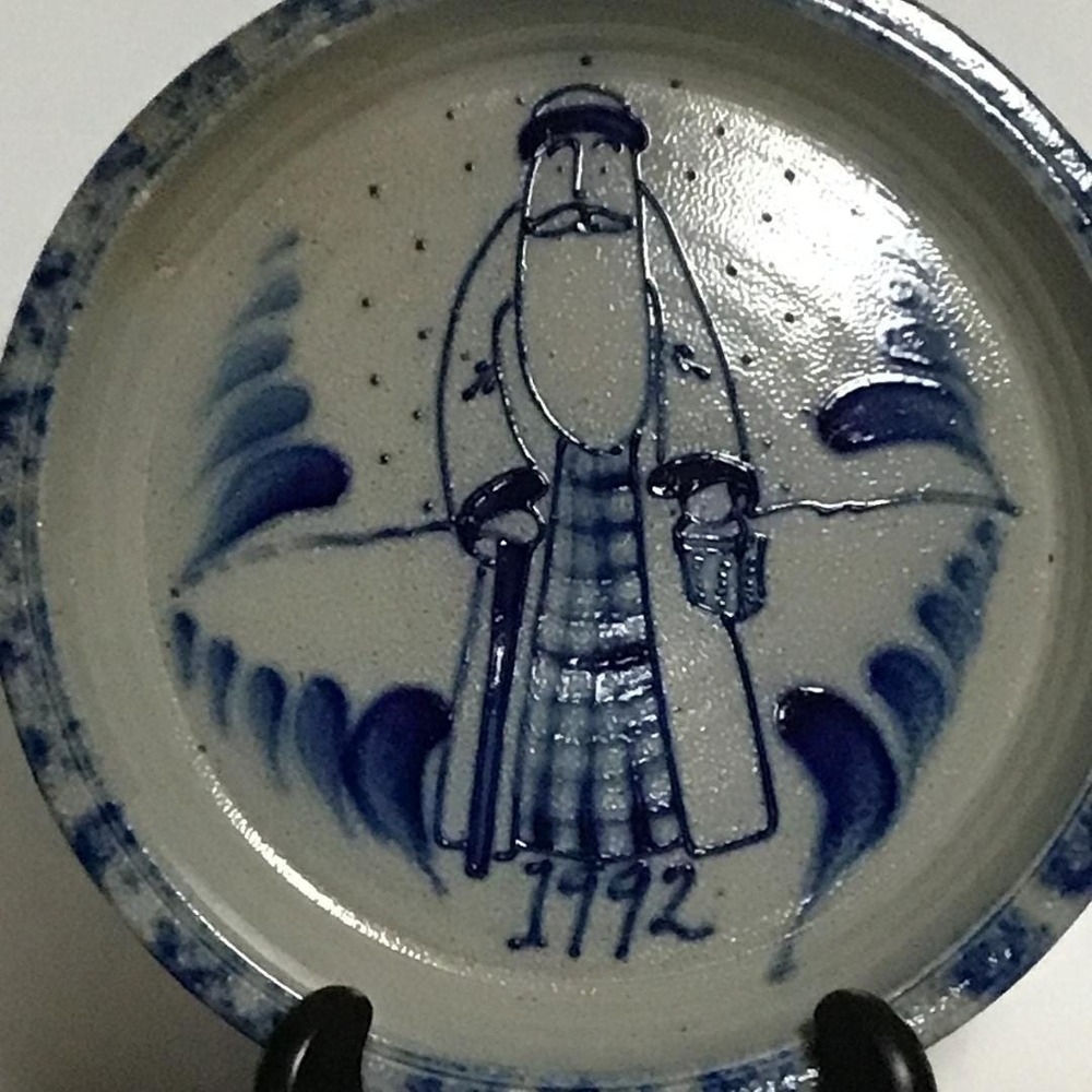 Rowe Pottery Works 1992 Santa Claus Salt Glaze Stoneware Plate Blue Cobalt 10in - Picture 2 of 11